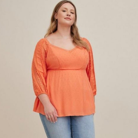 Torrid Lace Sleeve Boho Peasant Tunic Top Rust Orange Tie Back Plus Size 2 (2X) - Picture 1 of 14
